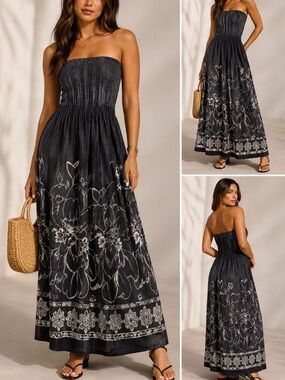 Lapis Strapless Smocked Maxi Dress Black White Floral‎ Boho Resort One Size